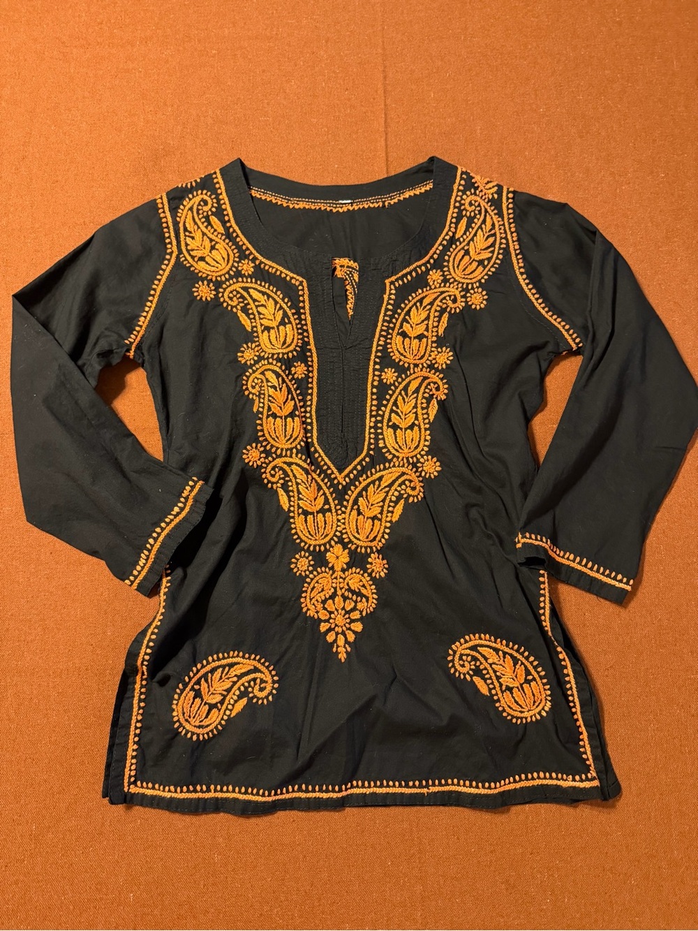 Navy Tunic Top with Orange Paisley Embroidery